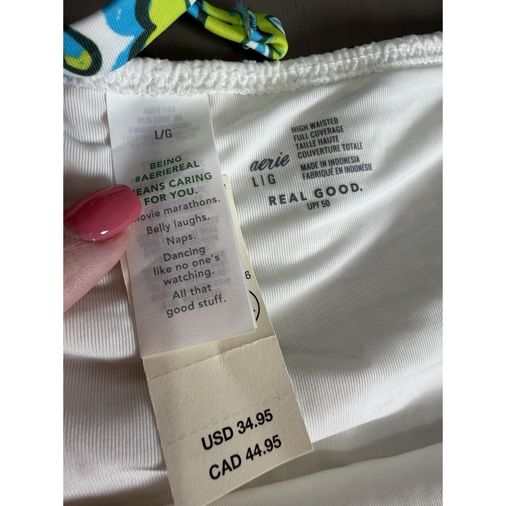 Aerie Swim Bikini Two Piece High Waisted White Bottoms Floral Triangle Top Large - Picture 2 of 10